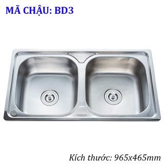 Chậu rửa bồn rửa bát inox 304 hwata loại 2 hố rửa size lớn - mã chậu bd3, bd7 kèm đủ bộ xi phông