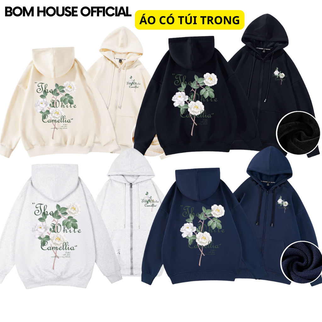 Áo Hoodie Zip Camllia Local Brand Bom House Nam Nữ Form Rộng Ulzzang Unisex