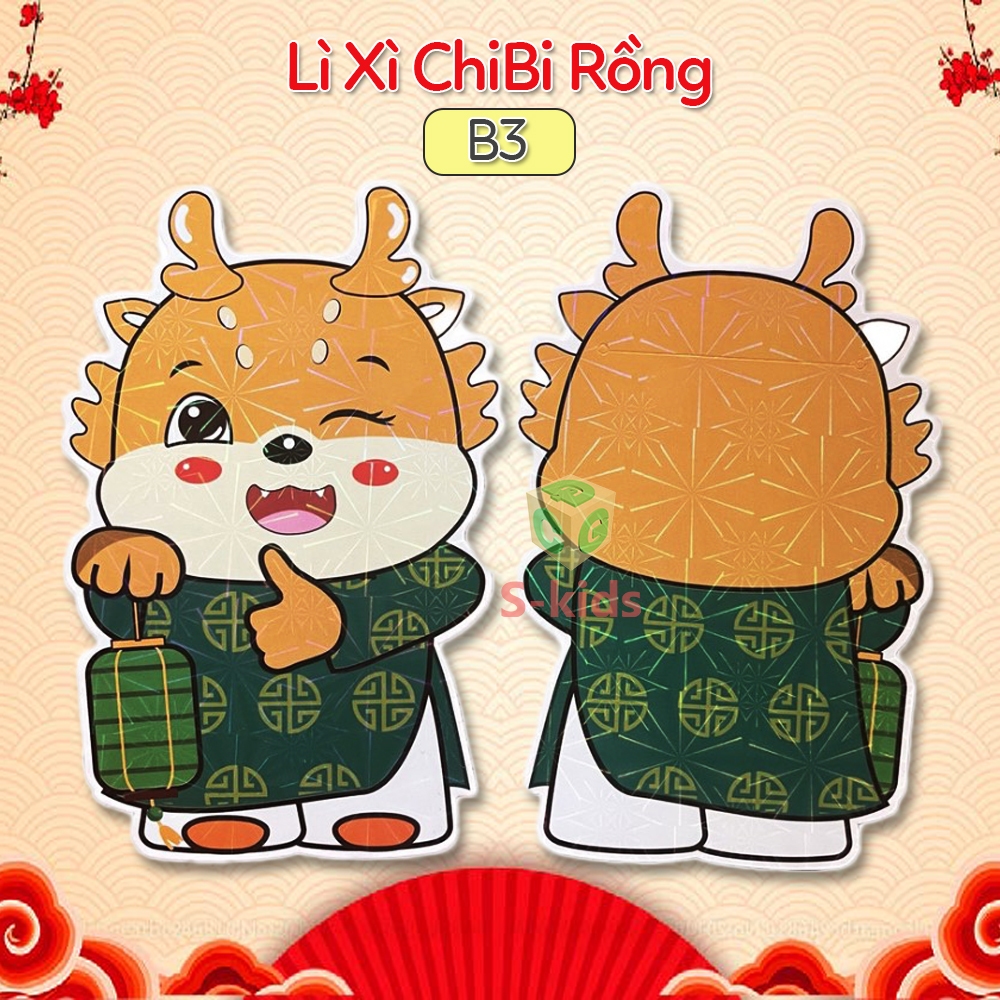 Bao Lì Xì Chibi phản quang mới 2024, Combo 10, 50 Túi Lixi Rồng Chipi và Mèo Thần Tài Nhật có Ánh Kim cho bé S-Kids.