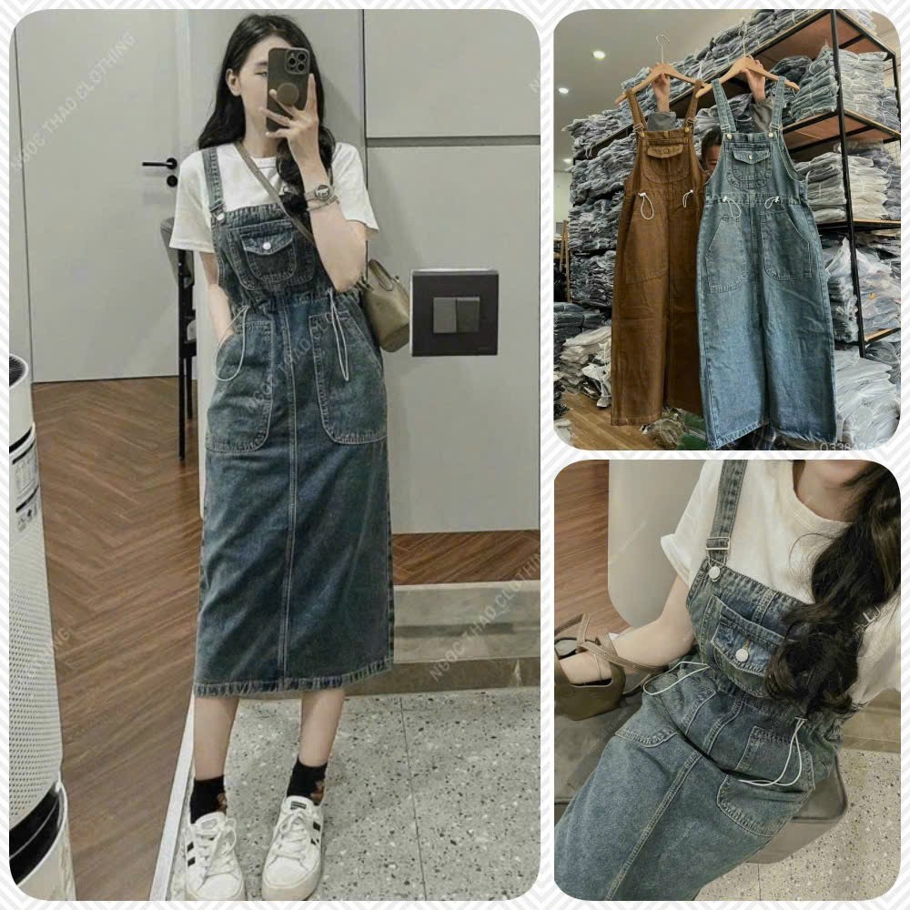 Đầm Yếm Jean Hai Dây Dáng Dài Rút Dây Eo Xẻ Tà Sau 2 Tone Màu Nữ Tính Nhẹ Nhàng Style Trẻ Trung, Năng Động Hot Hit