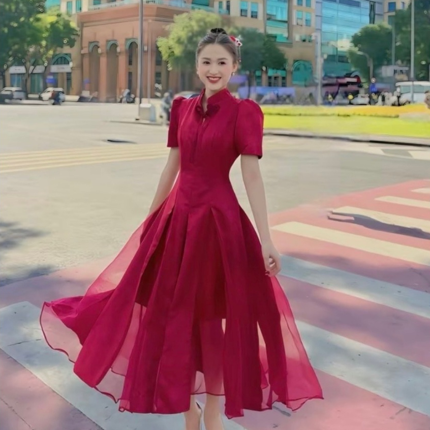 Đầm Dress Đỏ Dự Tiệc Cổ Tàu Phối Voan Tơ Lưới Dáng Dài Xòe Bồng Bềnh Tone Màu Đỏ Nhẹ Nhàng Nữ Tính, Nhẹ Nhàng Hot Hit