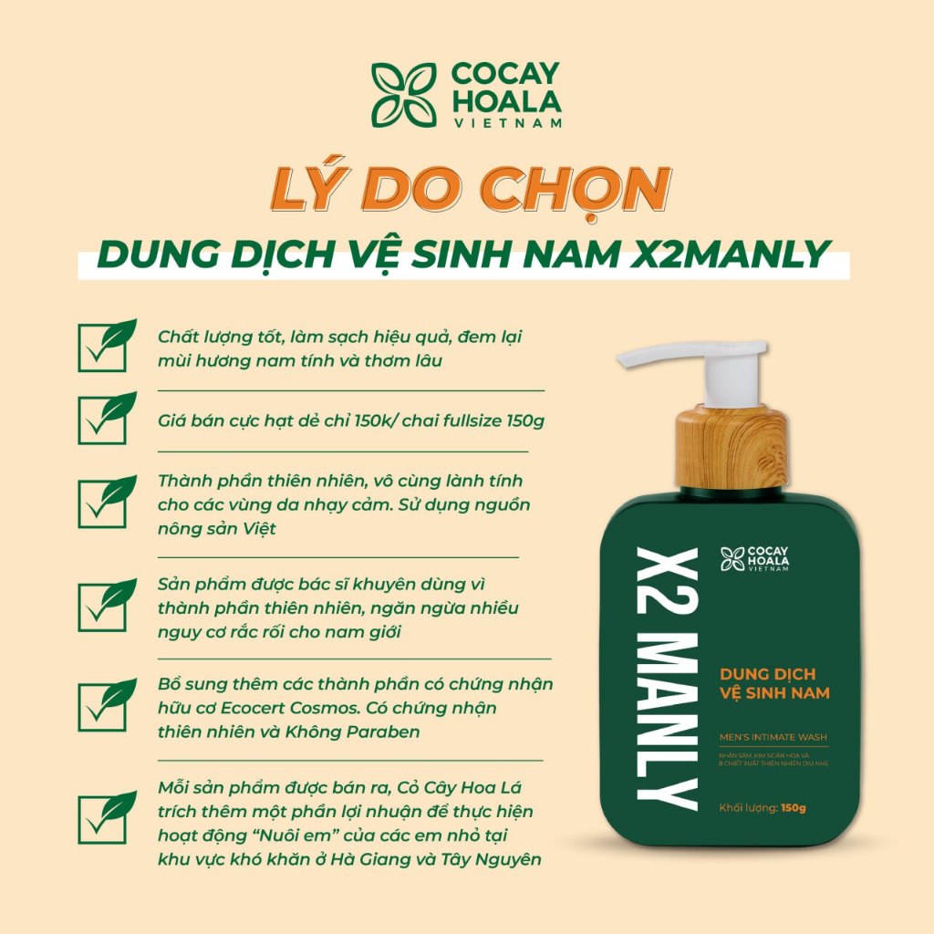 [CHE TÊN SẢN PHẨM] Dung dịch vệ sinh nam X2manly Cocayhoala Vietnam - Làm sạch tức thì -2 mùi hương nam tính - 150G