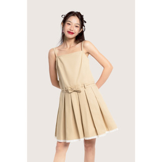 LIBÉ WORKSHOP - Đầm hai dây khaki suông ngắn xếp ly phối thắt lưng nơ màu be