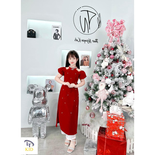 Áo dài cách tân nhung cổ yếm đính ngoc siêu sang chảnh cho bé gái