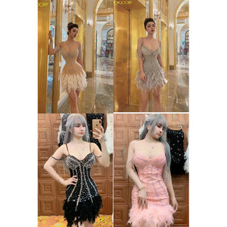 Đầm body dự tiệc đính lông kết đá kem hình thật