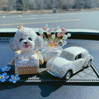 Set cún Poodle đội vương miện đính đá trang trí taplo ô tô siêu dễ thương Minh Thu Yêu Xe