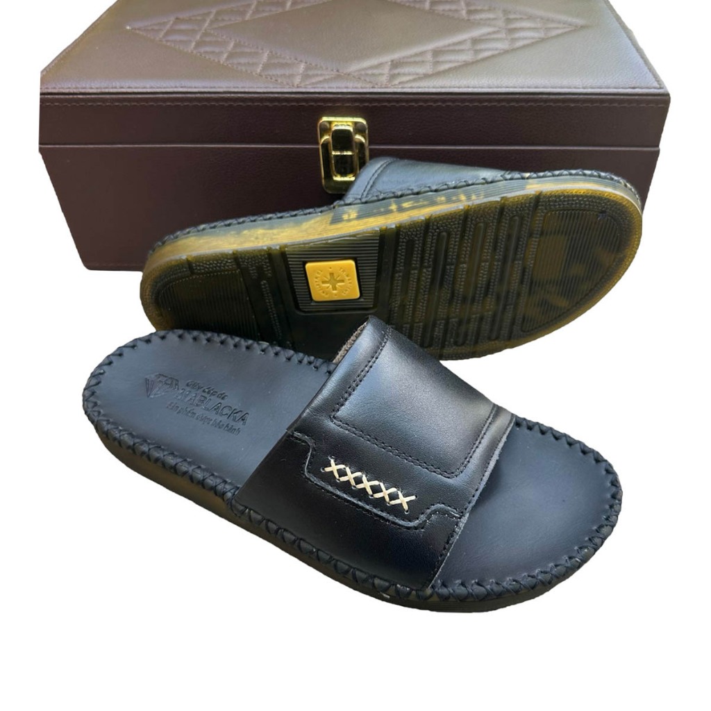 Dép nam quai ngang da bò Nappa cao cấp, đế đúc nguyên khối khâu viền thủ công đi êm chân - HY204