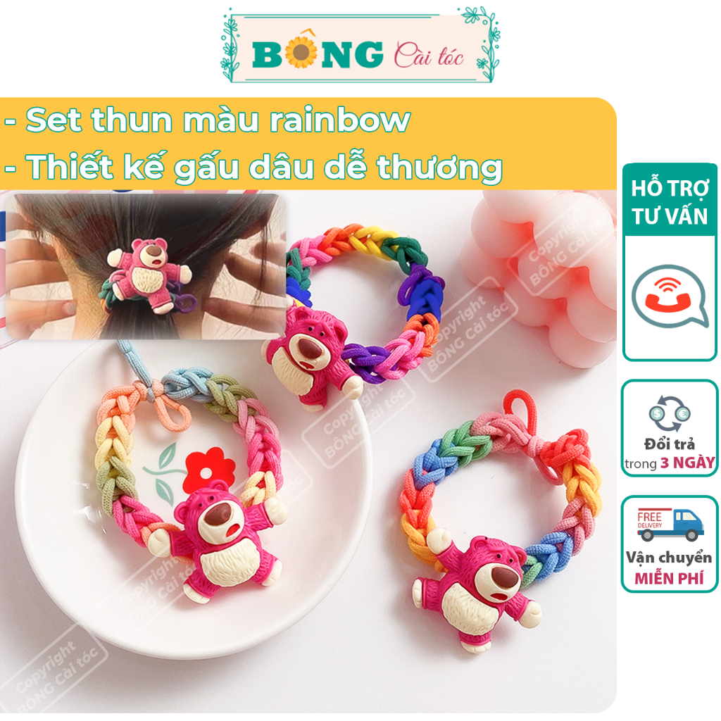 Set thun cột tóc nhiều màu tag gấu dâu Lotso dễ thương phong cách Hàn Quốc DT90 - Chun cột tóc BÔNG Cài Tóc