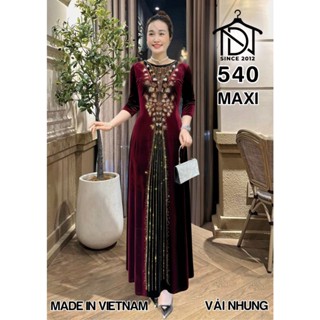 Đầm MAXI trung niên dự tiệc sang trọng vải nhung cao cấp đính đá, tặng mẹ co giãn tốt bigsize 80kg M540