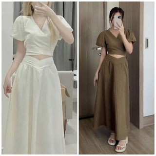Set áo cổ V buộc nơ lưng kèm chân váy dài, Set áo croptop tay bồng kèm chân váy Su min min