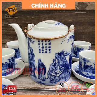 Ấm lẻ tích uống trà xanh men lam Bát Tràng tích Trúc Lâm Thất Hiền