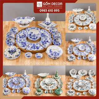 Bộ bát đĩa hoa mặt trời cúng gia tiên vẽ sen gốm bát tràng