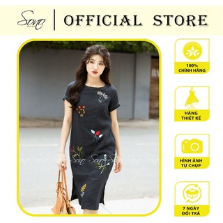 SONO - Đầm suông chất liệu linen họa tiết thêu tay toàn thân tinh tế