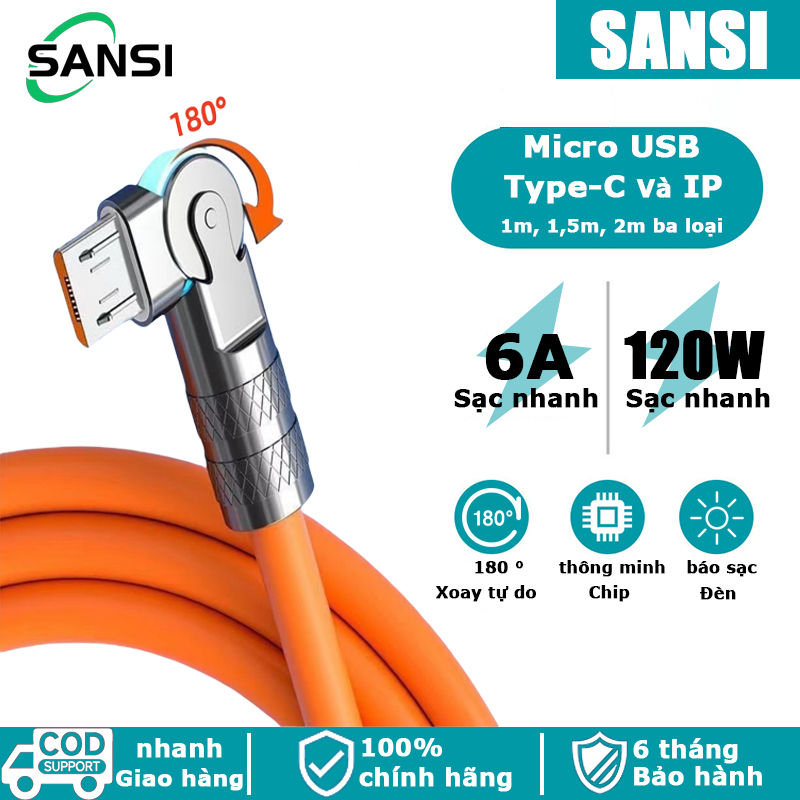 Cáp Sạc Nhanh 120W 6A,Xoay tự do 180 °,Cho Type-C Mircro USB iP Các loại điện thoại di động