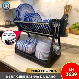 Kệ úp chén, kệ đễ bát đĩa, kệ úp ly đa năng có ống đũa, móc treo LH-3639 với thanh INOX chịu lực