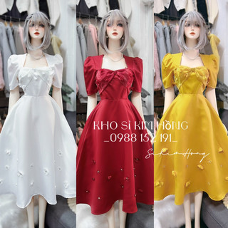 D0288 đầm dự tiệc dáng xoè dài tay ngắn tà đính hoa cườm