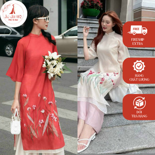 Áo dài cách tân nữ dáng xuông đính kết chất liệu tơ cao cấp - Xưởng may Áo dài HQ - AD18