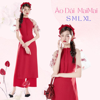 Áo Dài Đỏ Tết, Áo Dài Cách Tân Nữ Trẻ Trung Thiết Kế Đẹp Phối Tay Bướm Có Size Mặc Du Xuân 2024 MAI04