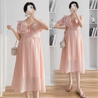 Đầm bầu voan 2 lớp cổ bèo kết hợp nơ ngực xinh xắn V33
