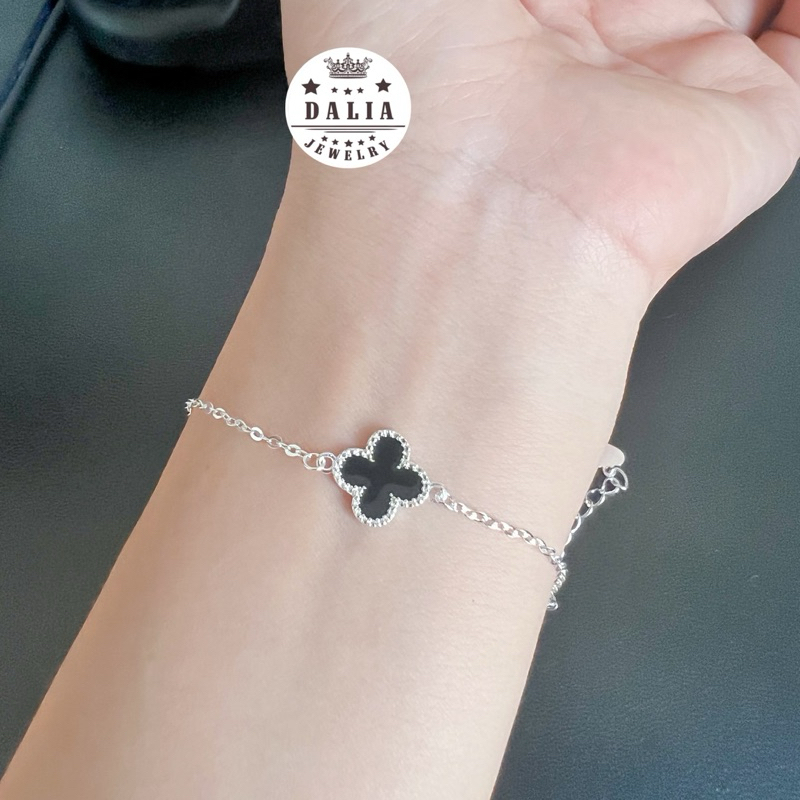 Vòng tay cỏ 4 lá bạc chuẩn 925 màu đen mã LT02 DaLiA Jewelry lắc tay cỏ 4 lá, lắc tay bạc nữ cỏ 4 lá