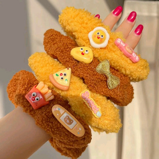 Dây Cột Scrunchies Lông Cừu Có Đính Charm Đồ Ăn Hoạt Hình Dễ Thương