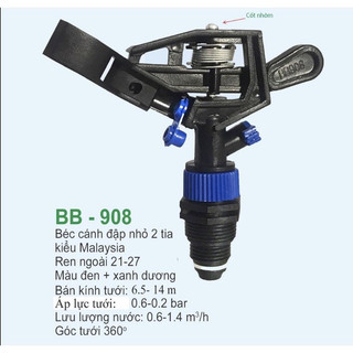 10 cái béc tưới cánh đập bb 908 kiểu malaysia 2 tia ren ngoài 21-27