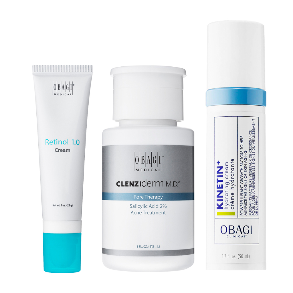 Combo 3 tác động: Kem dưỡng Obagi 360 Retinol 1.0 28g + BHA Obagi Pore Therapy 148ml + Kem phục hồi Obagi Kinetin Cream