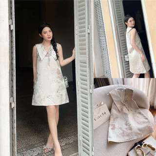 Đầm suông gấm hoa cổ peter đính đá thắt nơ 🖤