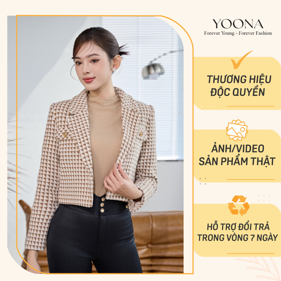 Áo khoác nữ dạ tweed họa tiết nâu kẻ caro giả túi YOONA - YD19S282