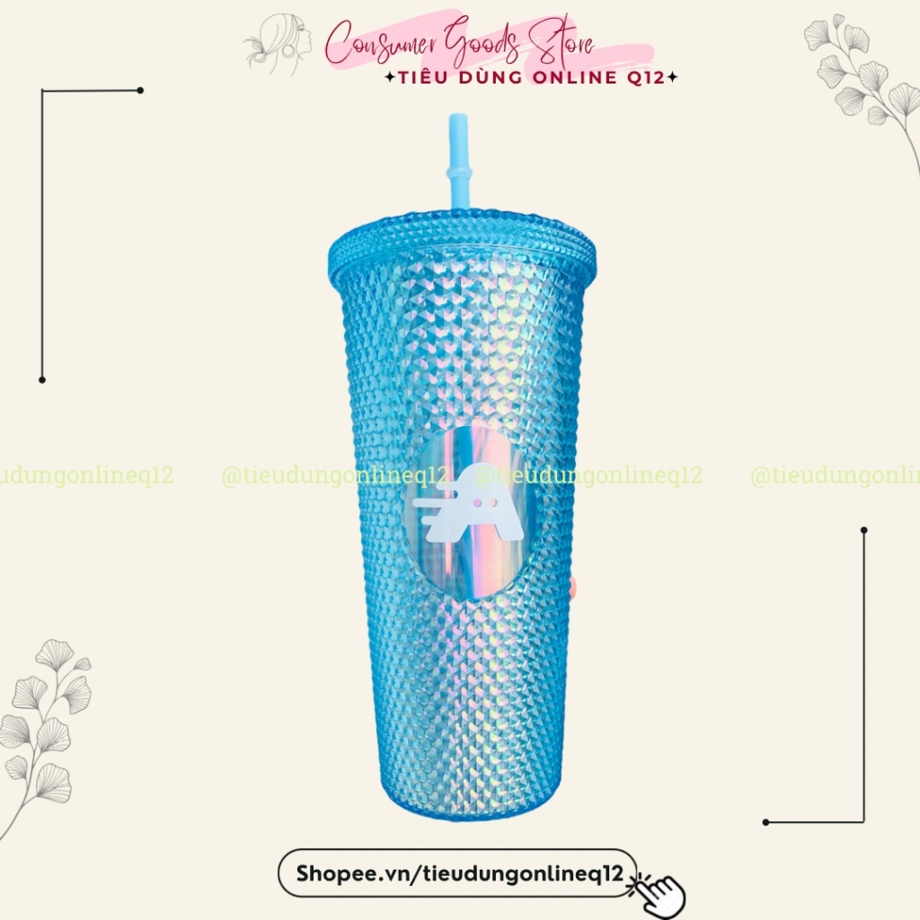 Ly Kim Cương 2 Lớp Cách Nhiệt Cao Cấp, Cốc Gai Sầu Riêng 750ml có kèm ống hút