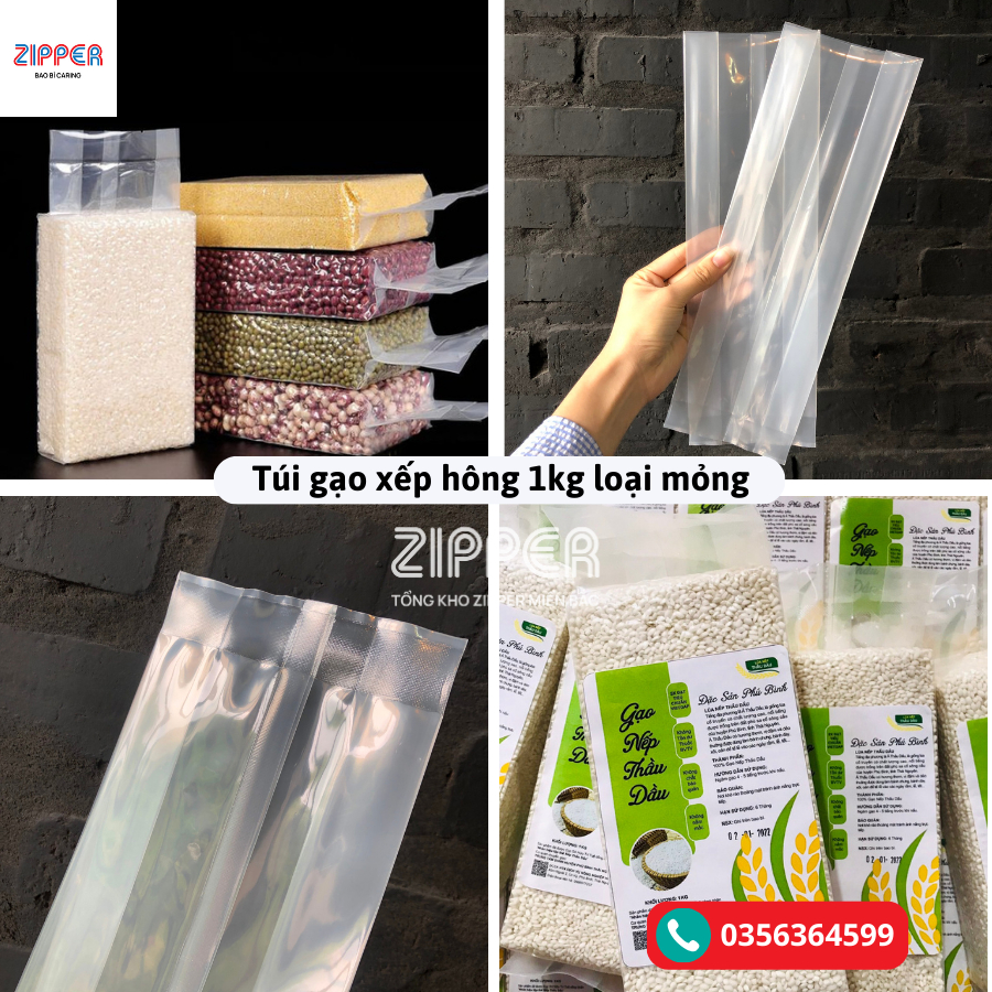 1KG - Túi gạo hút chân không PA xếp hông định hình đựng 1kg gạo
