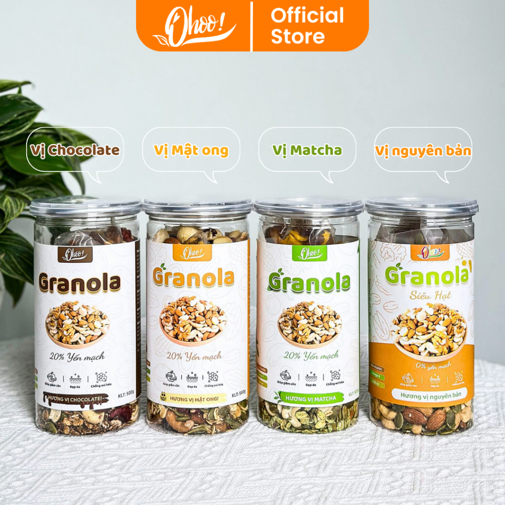 Granola Siêu Hạt Giàu Dinh Dưỡng Không Đường Ngũ Cốc Ăn Kiêng Giảm Cân Vị Nguyên Bản Nhiều Loại Hạt Ohoo Foods 500g