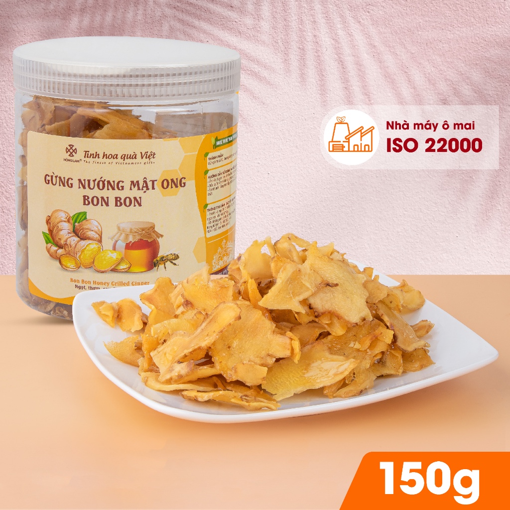 Gừng nướng mật ong Bon Bon Hồng Lam, hộp (70gr, 80gr, 150gr). Có vị ngọt, thơm, cay dịu của cừng