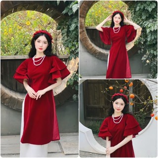 Set áo dài cách tân nhung đỏ tay bèo kèm quần xuông,áo dài mặc tết sang chảnh,áo dài cách tân hàng thiết kế B55 SUTANO 