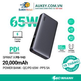 Pin Sạc dự phòng AUKEY PB-Y43 Sprint X 20000mAh 65W Hổ trợ PD/QC 3.0 PPS 5A, LED hiển thị, sạc nhỏ giọt - Chính hãng
