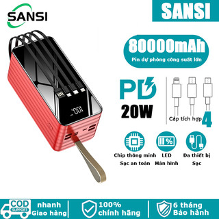 pin cục sạc dự phòng 60000/80000mah,Tích Hợp 4 Dây Cáp Power bank với ánh sáng dẫn pin du phòng siêu khủng giá rẻ