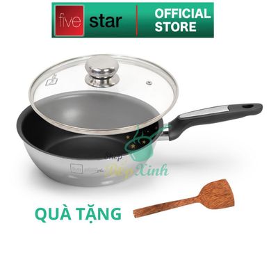 Chảo chống dính inox 430 cao cấp Fivestar Plus có nắp kính 2 lớp đáy liền khối 20cm | 24cm | 26cm |  28cm tặng 1 sạn dừa