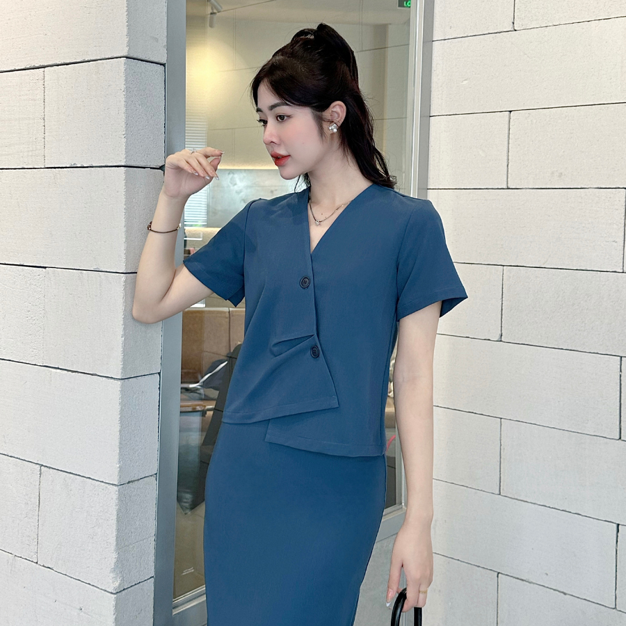 Set đồ nữ áo blazer tay ngắn kèm chân váy suông dài qua gối phong cách retro - Bora Set