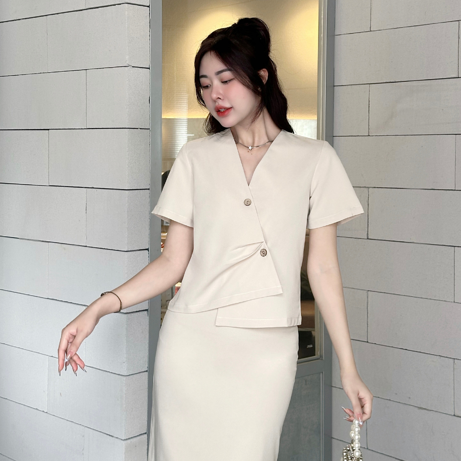 Set đồ nữ áo blazer tay ngắn kèm chân váy suông dài qua gối phong cách retro - Bora Set