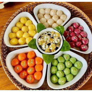 Bộ bát đĩa hoa mai kèm khay mây, bát sứ hoa mai, bộ bát thờ cúng gốm sứ Bát Tràng