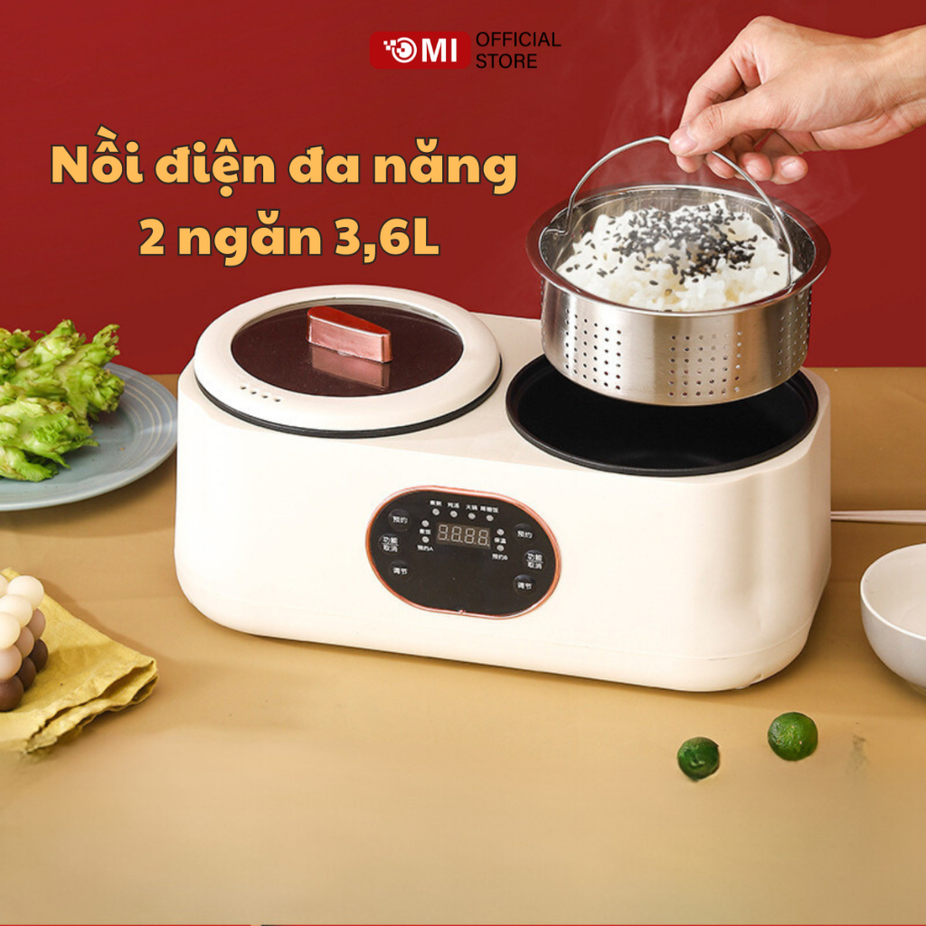 Nồi Điện Đa Năng 2 Ngăn 3,6L Omi Có Chức Năng Hẹn Giờ Kèm 6 Chức Năng Nấu, Nồi Cơm Điện Mini 2 Ngăn 
