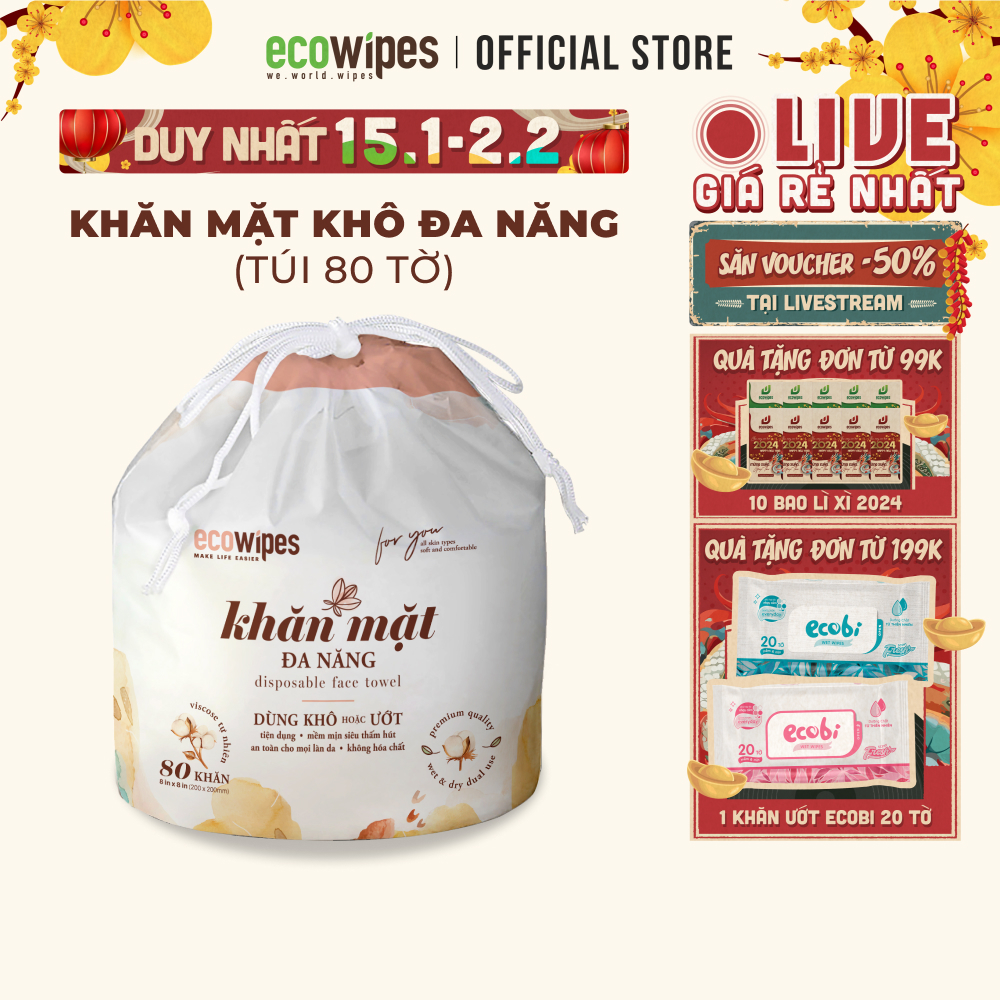 Khăn mặt khô đa năng EcoWipes cuộn 80 tờ không mùi size 20x20cm dùng thay thế khăn mặt