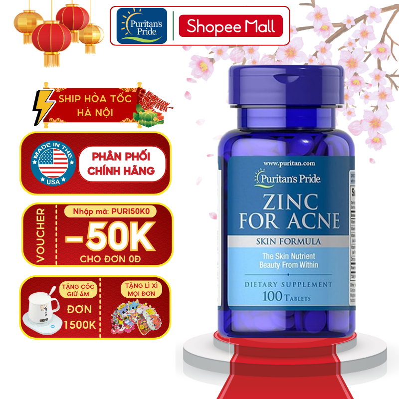 Zinc For Acne 100 viên Puritan's Pride bổ sung kẽm, giảm mụn nội tiết của Mỹ