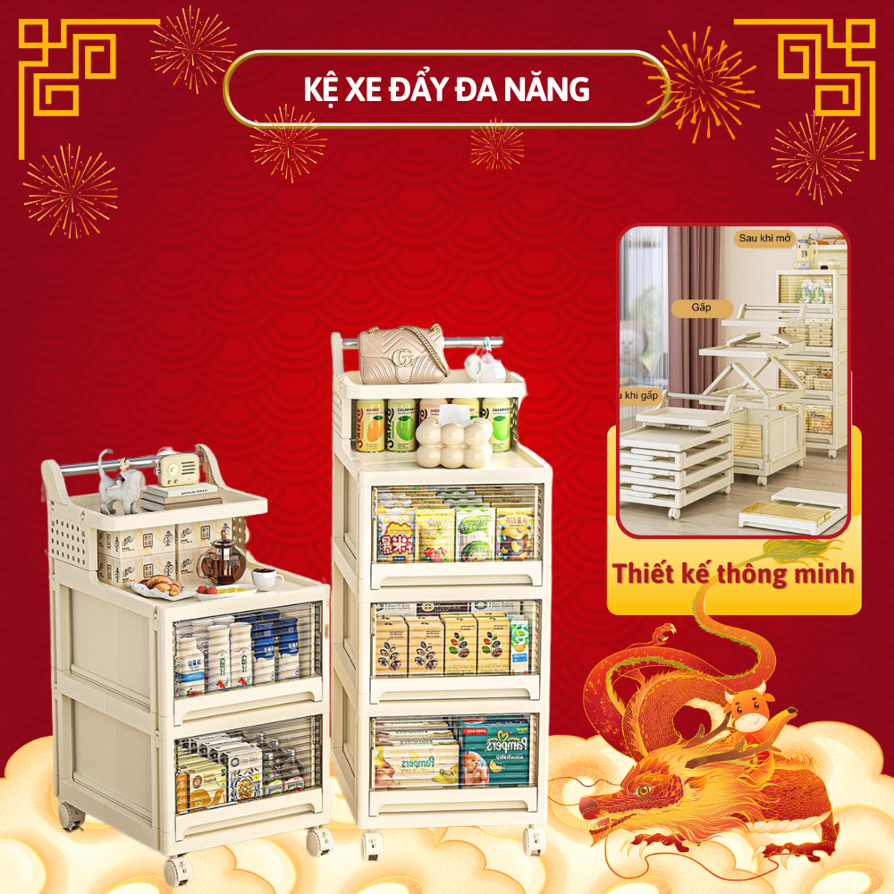 Kệ đa năng, để đồ sơ sinh bỉm sữa, xe đẩy spa có bánh xe bằng nhựa PP gấp gọn tiện lợi