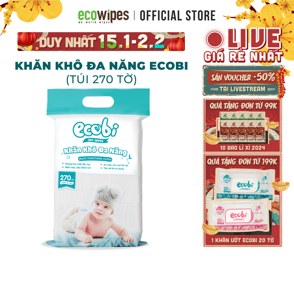 Khăn vải khô đa năng cao cấp an toàn cho bé Ecobi túi 270 tờ 345g siêu tiết kiệm mềm mịn dai thấm hút tốt