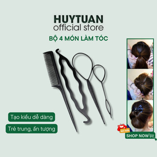 Bộ 4 dụng cụ làm tóc đa năng (BLT04) - Bộ làm tóc 4 món nhựa dọn nhẹ có lược rẽ ngôi mini, kẹp tóc búi tóc tạo kiểu tóc