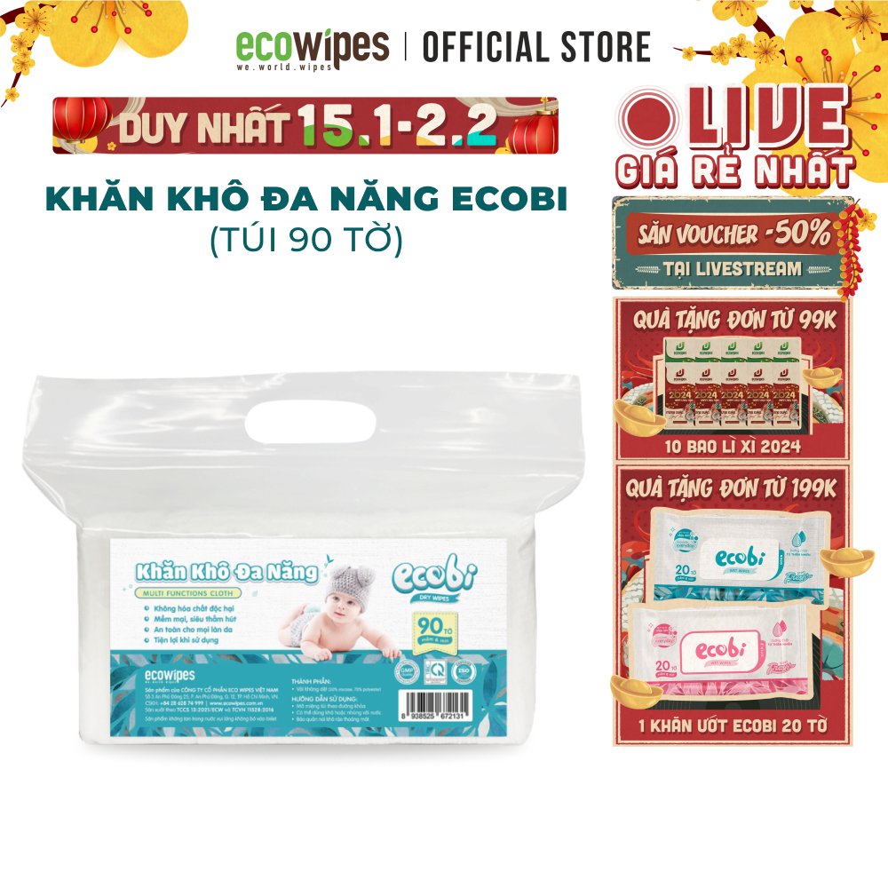 Khăn vải khô đa năng cao cấp an toàn cho bé Ecowipes túi 90 tờ 120g siêu tiết kiệm mềm mịn dai thấm hút tốt