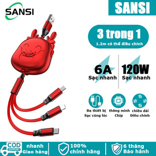 Dây Cáp Sạc Nhanh 6A 120W 3 Trong 1 Cổng micro usb Loại c Cho IP 14 13 samsung xiaomi huawei
