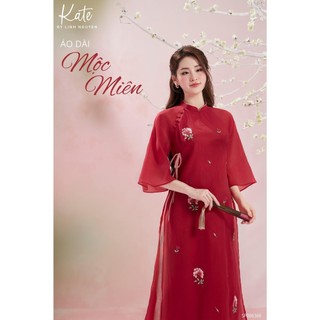 Áo dài cách tân tơ thêu hoa cánh quạt Mộc Miên 2 màu đỏ, vàng, áo dài Tết 2024