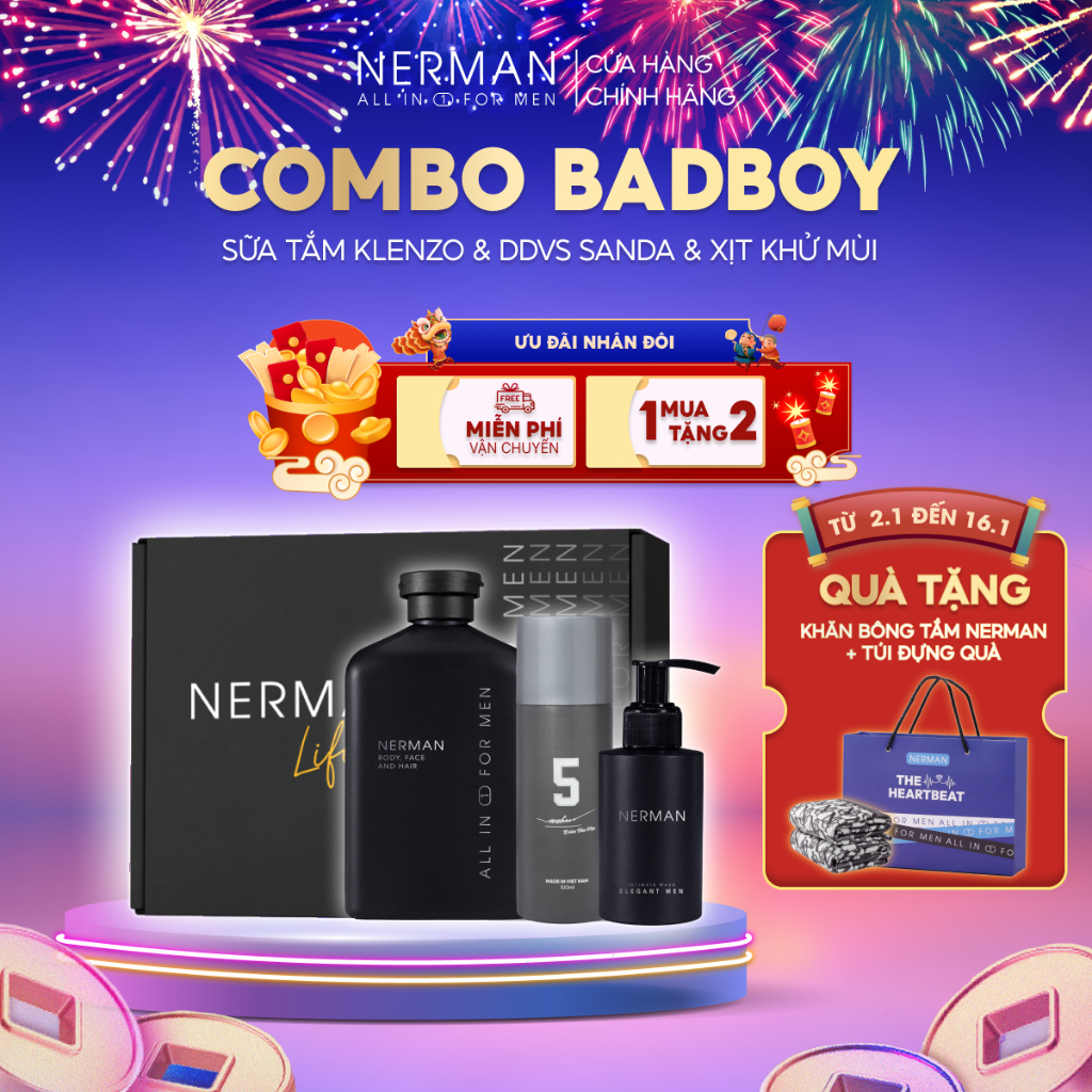 Combo Badboy Nerman - Sữa tắm gội 3in1 hương nước hoa cao cấp 350ml & Gel vệ sinh nam 100ml & Nước hoa khử mùi 100ml